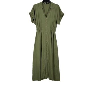 Nwot Zara Green Linen Blend Midi Length Shirt Dress Medium